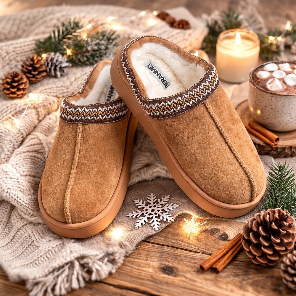 Brannon Cozy Faux-Suede Slip-On Slippers in Tan